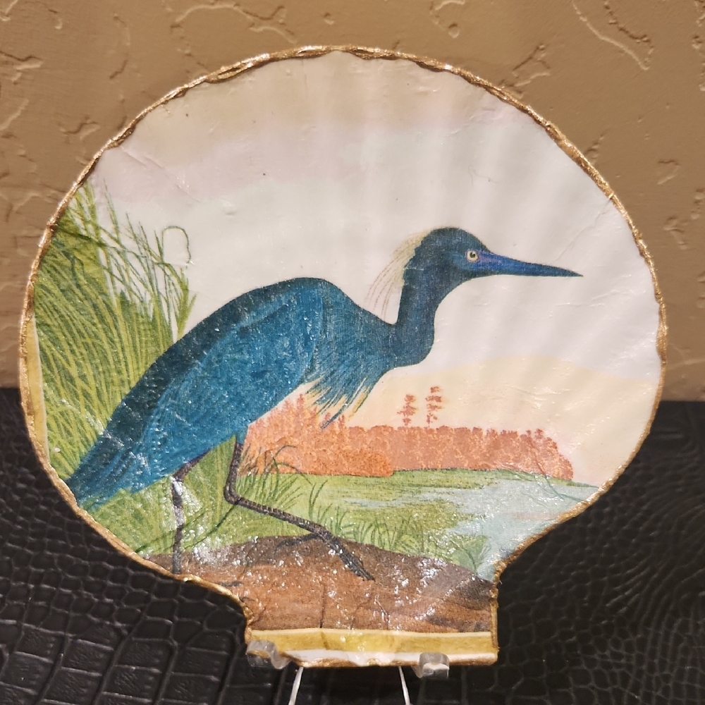 One Of A Kind Embellished Seashell with Blue Heron Design